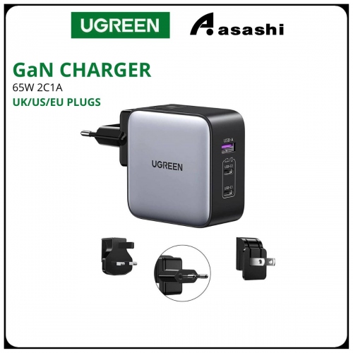 UGREEN 65W 2C1A WORLDWIDE TRAVEL GAN FAST CHARGER INTERCHANGEABLE UK/US/EU PLUGS