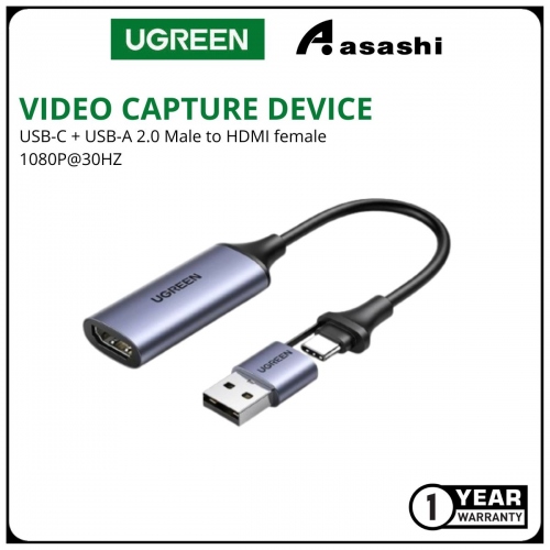 UGREEN USB-C+A 2.0 MALE VIDEO CAPTURE DEVICE TO HDMI FEMALE 1080P@30HZ