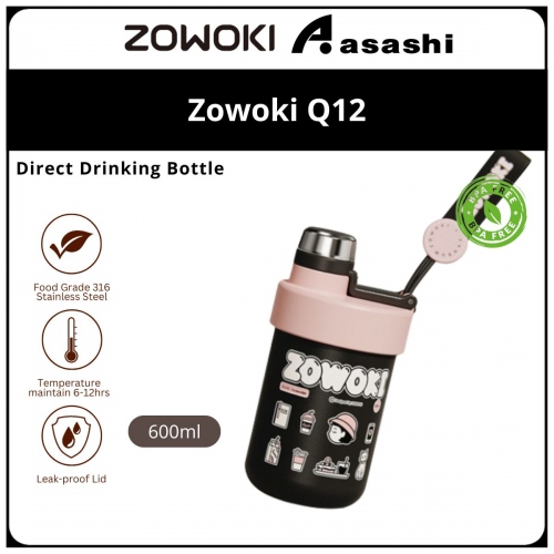 Zowoki Q12-600ml Natural Series Thermos Drinking Bottle - Black-Pink ART XH