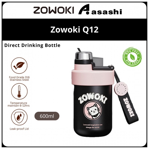 Zowoki Q12-600ml Natural Series Thermos Drinking Bottle - Black-Pink XMG