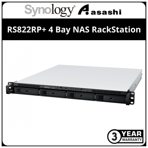 Synology RS822RP+ 4 Bay NAS RackStation (AMD Ryzen V1500 Quad Core 2.2GHz , 2G DDR4 ECC Sodimm, 4 x GbE, Redundant Power)