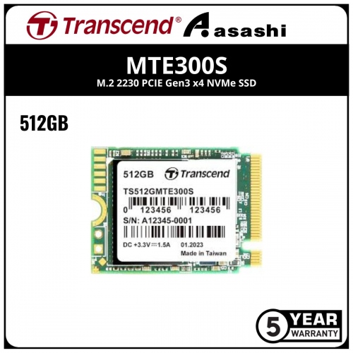 Transcend MTE300S 512GB M.2 2230 PCIE Gen3 x4 NVMe SSD - TS512GMTE300S (Up to 2000MB/s Read & 1100MB/s Write)