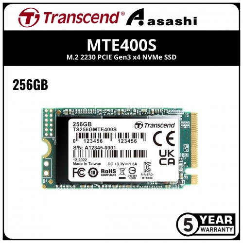 Transcend MTE400S 256GB M.2 2230 PCIE Gen3 x4 NVMe SSD - TS256GMTE400S (Up to 2000MB/s Read & 1000MB/s Write)