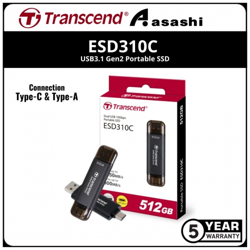 Transcend ESD310C Black 512GB USB3.1 Gen2 Portable SSD with Type-C & Type-A Connection - TS512GESD310C (Up to 1050MB/s Read Speed,950MB/s Write Speed)