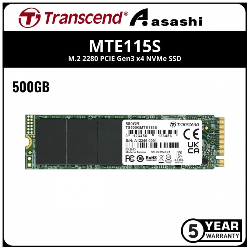 Transcend MTE115S 500GB M.2 2280 PCIE Gen3 x4 NVMe SSD - TS500GMTE115S (Up to 3200MB/s Read & 2000MB/s Write)