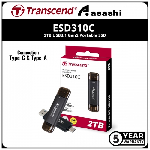 Transcend ESD310C Black 2TB USB3.1 Gen2 Portable SSD with Type-C & Type-A Connection - TS2TESD310C (Up to 1050MB/s Read Speed,950MB/s Write Speed)