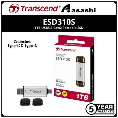 Transcend ESD310S Silver 1TB USB3.1 Gen2 Portable SSD with Type-C & Type-A Connection - TS1TESD310S (Up to 1050MB/s Read Speed,950MB/s Write Speed)