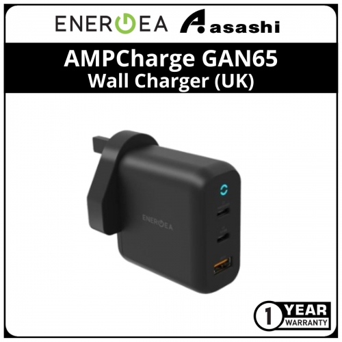 Energea AMPCharge GAN65 Dual USB-C + USB-A PD / PPS / QC3.0 Wall Charger (UK) (1 yrs Limited Hardware Warranty)