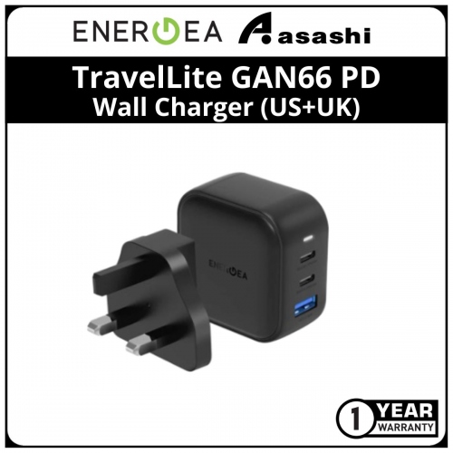 Energea TravelLite GAN66 PD / PPS / QC3.0 66w Wall Charger (US+UK) (1 yrs Limited Hardware Warranty)
