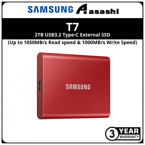Samsung T7-Metalic Red 2TB USB3.2 Type-C External SSD - MU-PC2T0RWW (Up to 1050MB/s Read speed & 1000MB/s Write Speed)
