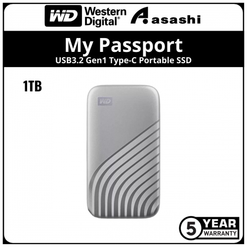 WD My Passport Silver 1TB USB3.2 Gen1 Type-C Portable SSD (Up to 1050MB/s Read Speed & 1000MB/s Write Speed)
