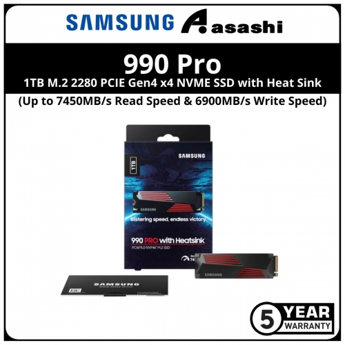 Samsung 990Pro with Heatsink 1TB M.2 2280 PCIE Gen4 x4 NVME SSD - MZ-V9P1T0CW (Up to 7450MB/s Read Speed & 6900MB/s Write Speed)