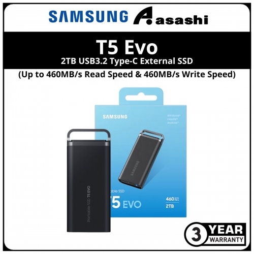 Samsung T5 Evo 2TB USB3.2 Type-C External SSD - MU-PH2T0S/WW (Up to 460MB/s Read Speed & 460MB/s Write Speed)
