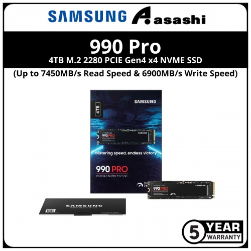 Samsung 990Pro 4TB M.2 2280 PCIE Gen4 x4 NVME SSD - MZ-V9P4T0BW (Up to 7450MB/s Read Speed & 6900MB/s Write Speed)