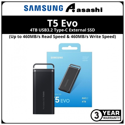 Samsung T5 Evo 4TB USB3.2 Type-C External SSD - MU-PH4T0S/WW (Up to 460MB/s Read Speed & 460MB/s Write Speed)