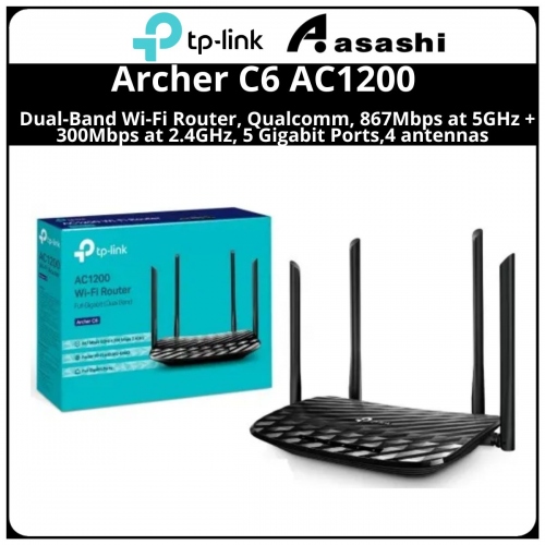 TP-Link Archer C6 AC1200 Dual-Band Wi-Fi Router, Qualcomm, 867Mbps at 5GHz + 300Mbps at 2.4GHz, 5 Gigabit Ports,4 antennas, Beamforming, MU-MIMO