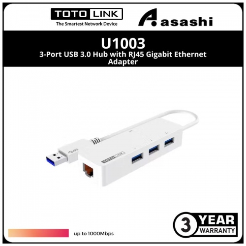 Totolink U1003 3-Port USB 3.0 Hub with RJ45 Gigabit Ethernet Adapter