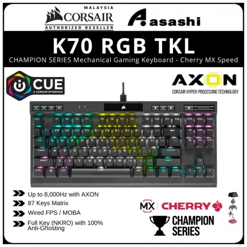 Corsair K70 RGB TKL CHAMPION SERIES Tenkeyless Mechanical Gaming Keyboard, Backlit RGB LED, CHERRY MX SPEED