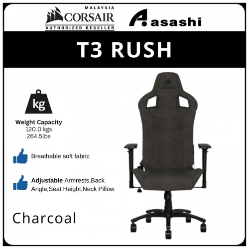 CORSAIR T3 RUSH, Fabric Gaming Chair, Charcoal CF-9010029-WW
