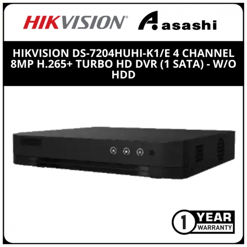Hikvision DS-7204HUHI-K1/E 4 Channel 8MP H.265+ Turbo HD DVR (1 SATA) - W/O HDD