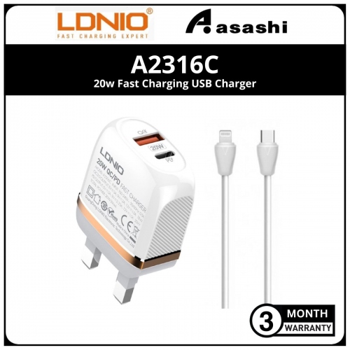 LDNIO A2316C 20w Fast Charging USB Charger. Quick Charge QC3.0 + PD USB-C Travel Adapter - UK Plug (3 months Limited Hardware Warranty)