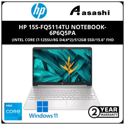 HP 15s-fq5114TU Notebook-6P6Q5PA-(Intel Core i7-1255U/8G D4(4*2)/512GB SSD/15.6
