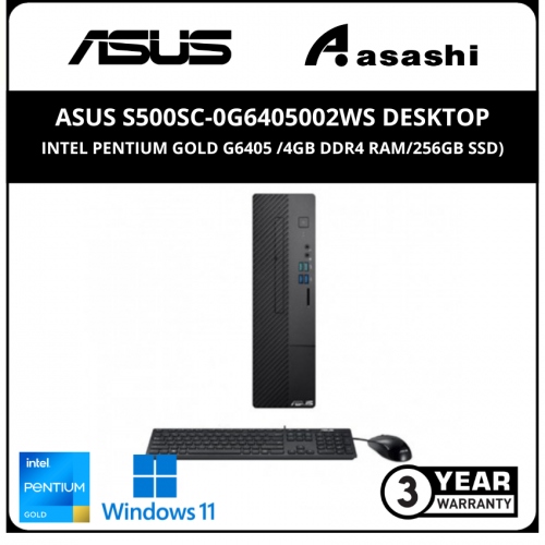 ASUS S500SC-0G6405002WS Desktop - (Intel Pentium Gold G6405 /4GB DDR4 Ram/256GB SSD/Intel UHD Graphics/DVD-RW/Wifi+BT/Win 11 Home/Office Home & Student/3yr Onsite)