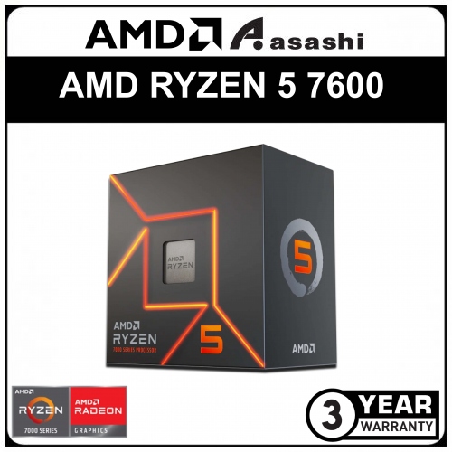 AMD RYZEN 5 7600 Processor (38M Cache, 6C12T, up to 5.1Ghz, Wraith Stealth Cooler) AM5