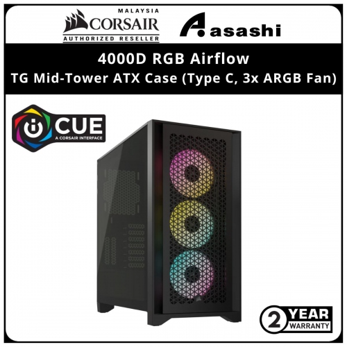 Corsair 4000D RGB Airflow (BLACK) TG Mid-Tower ATX Case (Type C, 3x ARGB Fan)