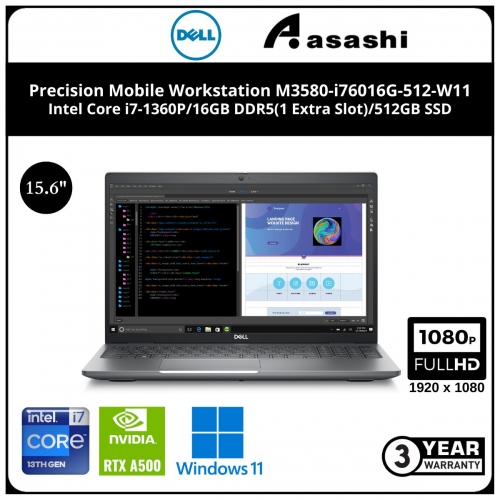 Dell Precision Mobile Workstation M3580-i76016G-512-W11 (Intel Core i7-1360P/16GB DDR5(1 Extra Slot)/512GB SSD/15.6-in FHD/Nvidia A500 4GD6 Graphic/Win11 Pro/3Y NBP/Backpack)