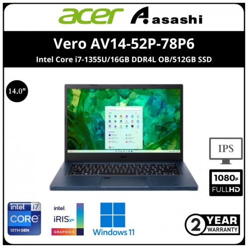 Acer Vero AV14-52P-78P6 Notebook (Intel Core i7-1355U/16GB DDR4L OB/512GB SSD/Intel® Iris® UHD Graphics/14