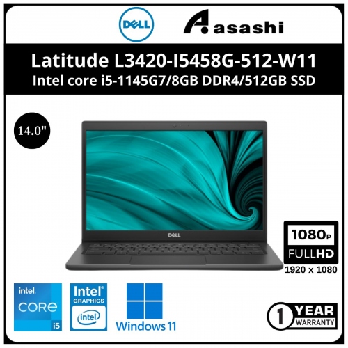 Dell Latitude L3420-I5458G-512-W11 Commercial Notebook (Intel core i5-1145G7/8GB DDR4/512GB SSD/14