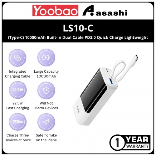 Yoobao LS10 (Type-C) 10000mAh Built-in Dual Cable PD3.0 Quick Charge Lightweight and Ergonomic Design Power Bank - White (1 yrs Limited Hardware Warranty)