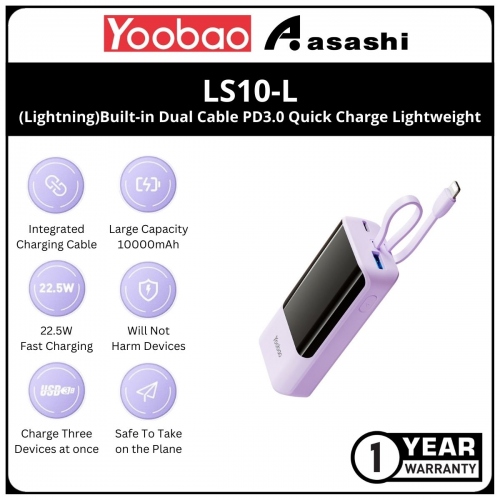 Yoobao LS10 (Lightning) 10000mAh Built-in Dual Cable PD3.0 Quick Charge Lightweight and Ergonomic Design Power Bank - Purple (1 yrs Limited Hardware Warranty)