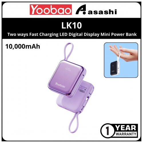 Yoobao LK10 10000mAh PD 20W SCP 22.5W Two ways Fast Charging LED Digital Display Mini Power Bank -Purple (1 yrs Limited Hardware Warranty)