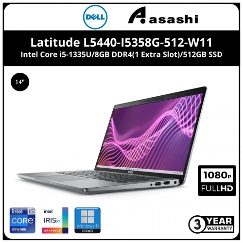 Dell Latitude L5440-I5358G-512-W11 Commercial Notebook (Intel Core i5-1335U/8GB DDR4(1 Extra Slot)/512GB SSD/14
