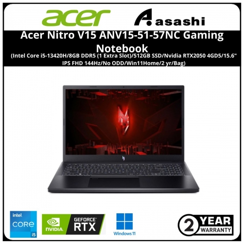Acer Nitro V15 ANV15-51-57NC Gaming Notebook(Intel Core i5-13420H/8GB DDR5 (1 Extra Slot)/512GB SSD/Nvidia RTX2050 4GD5/15.6