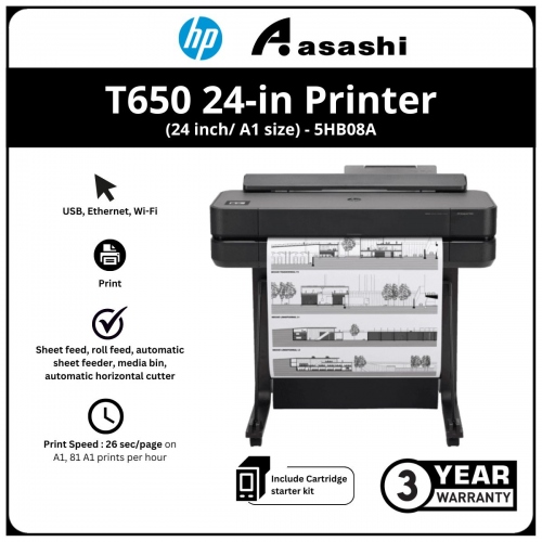 HP DesignJet T650 24-in Printer (24 inch/ A1 size)