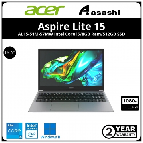 Acer Aspire Lite 15 AL15-51M-57MW Notebook-(Intel Core i5-1135G7/8GB DDR4(1 Extra Slot)/512GB SSD/15.6