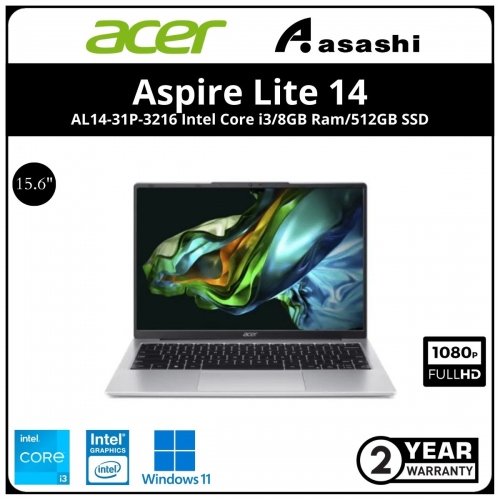 Acer Aspire Lite 14 AL14-31P-3216 Notebook-(Intel Core i3-N300/8GB DDR5(1 Extra Slot)/512GB SSD/15.6