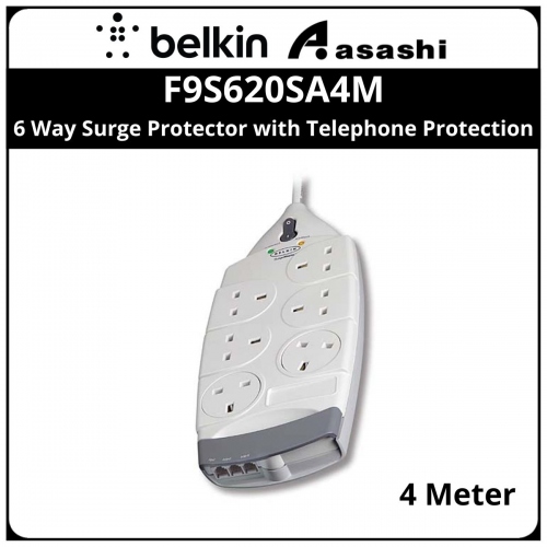 Belkin F9S620SA4M 6 Way Surge Protector with Telephone Protection, 4meter