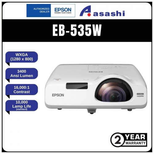 Epson EB-535W Short- Throw WXGA, 3400AL, 16,000:1 Contrast Ratio, Lamp Life 10,000hrs,3.7kg, Built-in 16W speaker, Optional Wireless function Projector