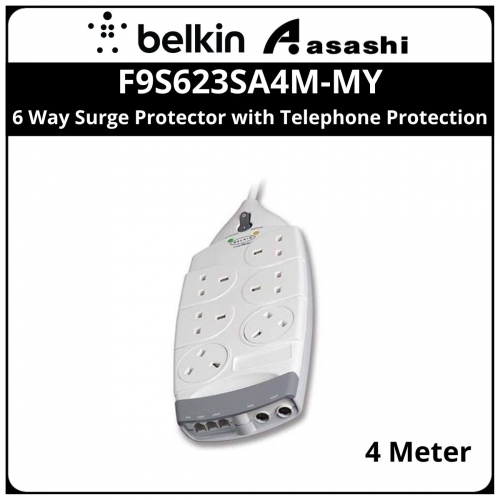 Belkin F9S623SA4M-MY 6 Way Surge Protector with Telephone and Ariel Protection, 4meter