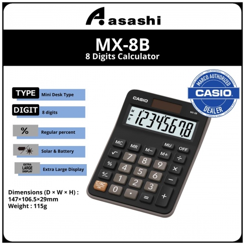 Casio MX-8B 8 Digits Calculator (12months Warrany) MUST KEEP BOX FOR WARRANTY