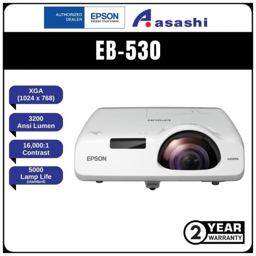 Epson EB-530 (Short Throw ) XGA, 3200AL, 5000hours lamp life, 16,000:1 Contrast Ratio, HDMI, Built-in 16W speaker, Optional Wireless function, RJ45, 3.7kg Projector
