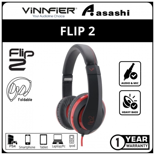Vinnfier FLIP 2 (Black Red) Headphones With Built in Mic Headsets