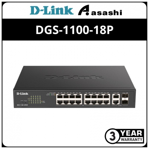 D-Link DGS-1100-18P 16 Port Web Smart Giagbit POE Switch + 2combo Port. Power Budget 166.7W