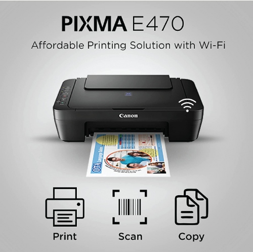 Canon Pixma E470 Inkjet Aio Printer (Print,Scan,Copy & Wireless) Black - Register Online FOC TNG Voucher RM50