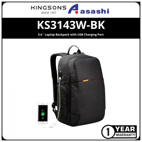 Kingsons KS3143W-BK 15.6` Laptop Backpack with USB Charging Port (1 yrs Limited Hardware Warranty)