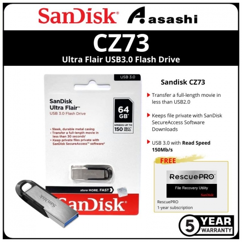Sandisk CZ73 64GB Ultra Flair Usb3.0 Flash Drive (SDCZ73-064G-G46)
